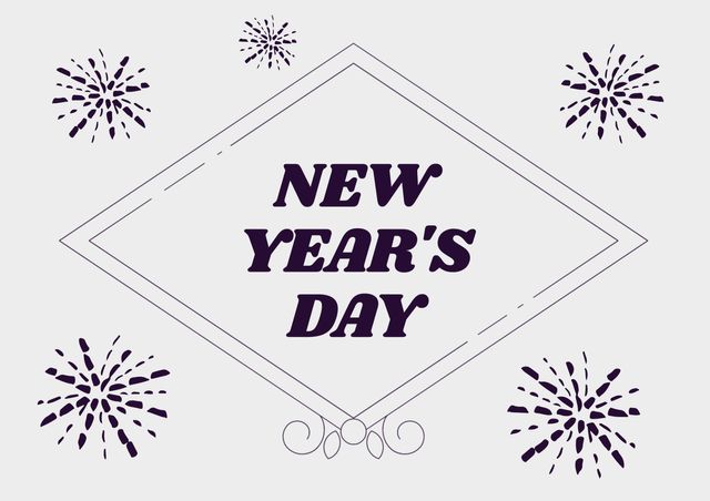 Digital composite image of new year's day text in diamond shapes with fireworks on white background. christmas, symbol and creativity.
