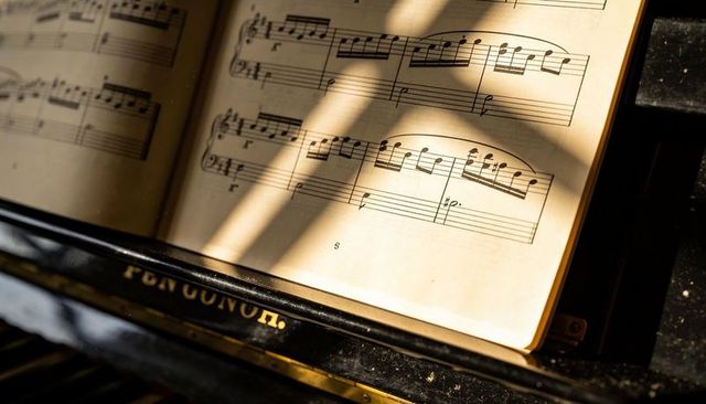 Sunlight casting over open sheet music on vintage piano music rest with dusty keys