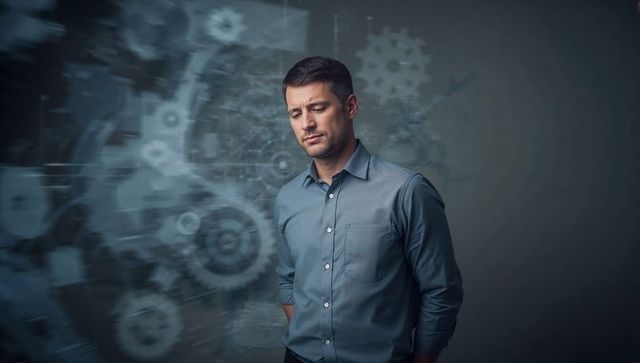 Contemplative man with cogwheel overlay suggesting ai-driven engineering and automation