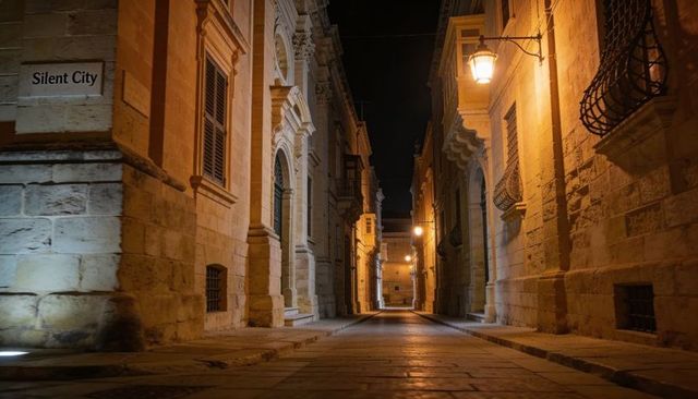 Silent city night alley with glowing lanterns illuminating historic cobblestone facades