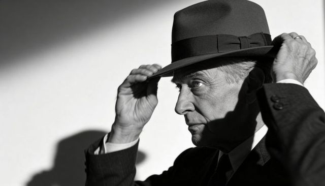 Elderly man tipping fedora in film-noir black and white portrait with dramatic shadow