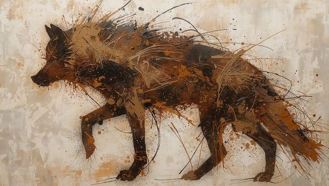 Rust ink fox in motion — painterly canid illustration with dynamic brushwork and splatter