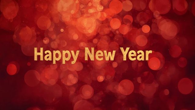 Gold Happy New Year Text Glowing on Red Bokeh Background with Glitter and Metallic Shine