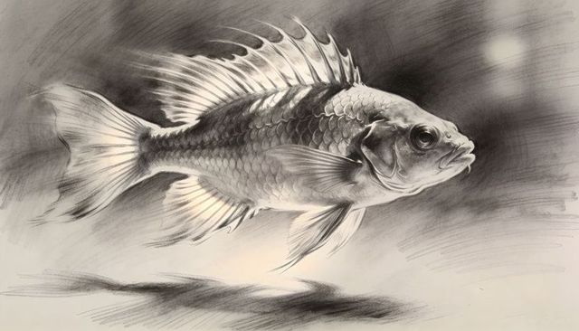 Charcoal fish rendering showing detailed scales, fins and textured pencil linework