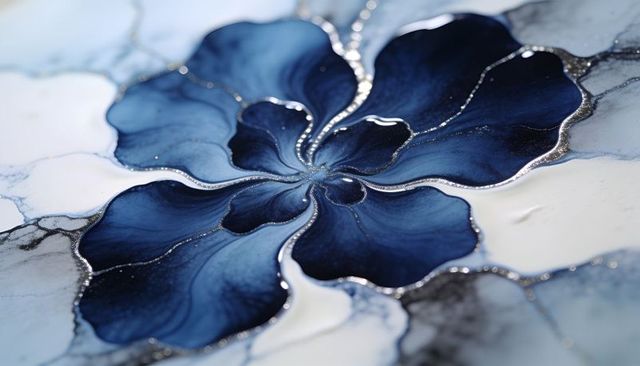 Indigo fluid flower radiating with metallic silver outlines, glossy navy petals, abstract floral