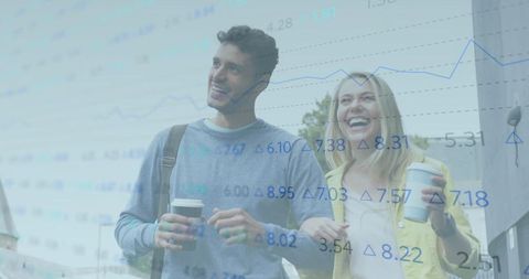 Young couple walking with coffee with financial data overlay suggesting growth