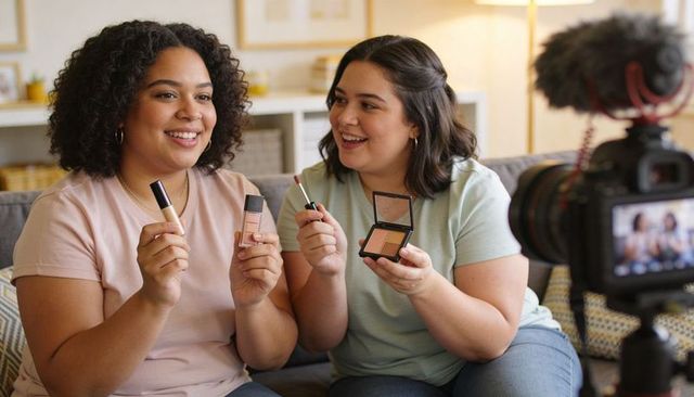 Recording beauty vlog with friends demonstrating liquid foundation and compact makeup
