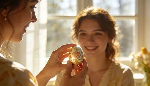 Holding hand-painted gold easter egg while smiling friend watches in sunlit morning home