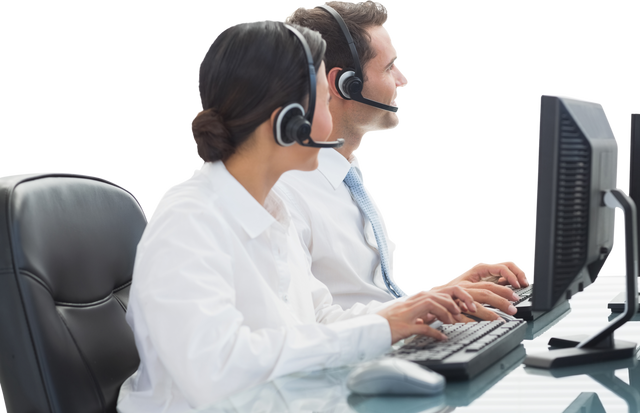 Transparent Call Center Workers Using Computers with Headsets in Office - Download Free Stock Videos Pikwizard.com