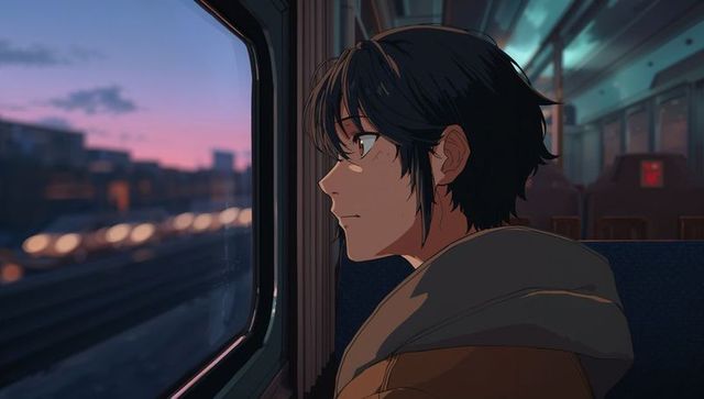 Introspective teen on train reflecting urban landscape at dusk