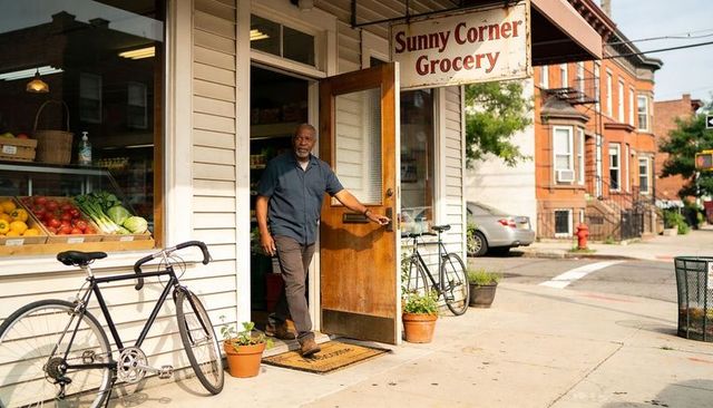 Sunny corner grocery owner standing in doorway with fresh produce, bicycle, sunlit neighborhood