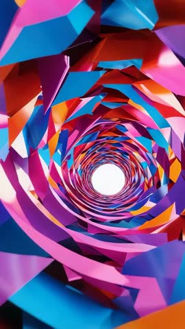 Driving Through Vibrant Swirling Ribbon Tunnel Toward White Aperture Vertical Animation