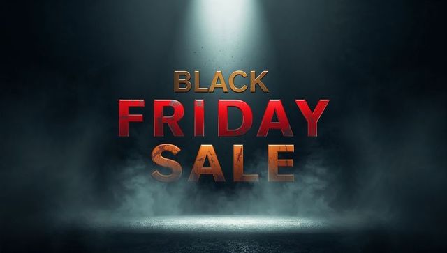 Dramatic 3D Black Friday Sale Typography under Spotlight with Fog and Reflective Floor