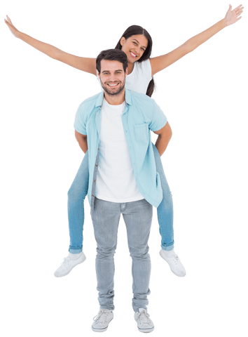 Cheerful couple enjoying piggyback ride on transparent background