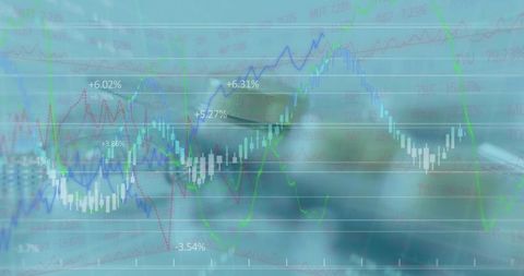 Glasses reflecting candlestick charts and market analytics with colorful trend overlays