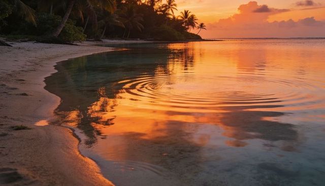 Tropical sunset lagoon reflecting golden sky with gentle ripples from dropped stone