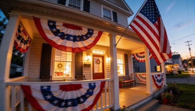 Porch glowing at dusk celebrating fourth of july with american flag bunting and wreath