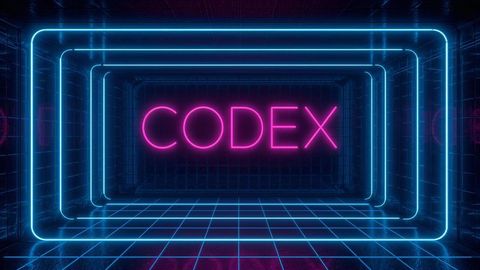 Futuristic neon corridor with glowing codex sign