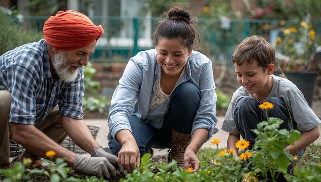 Family Gardening Bonding with Grandfather, Mother, and Son in Flower Garden