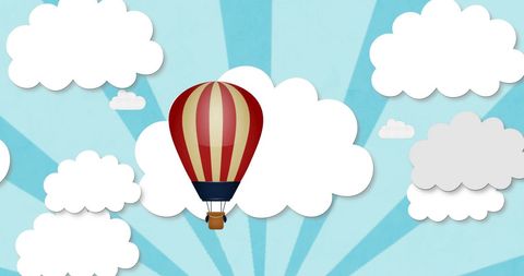 Abstract Hot Air Balloon with Clouds on Blue Striped Background