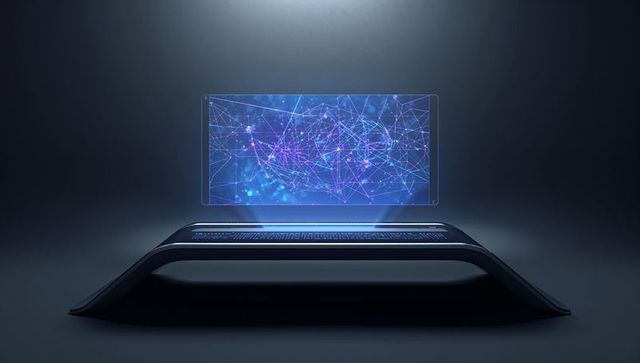Futuristic holographic workstation with floating network map and glowing keyboard