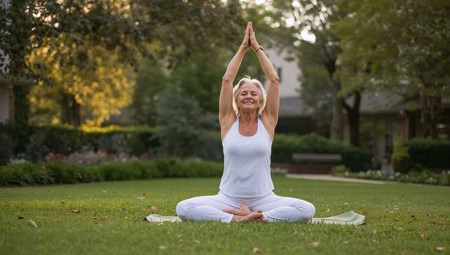 Senior woman practicing yoga and meditation in white activewear on suburban lawn