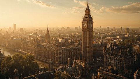 Golden hour over westminster and elizabeth tower, british empire aerial view