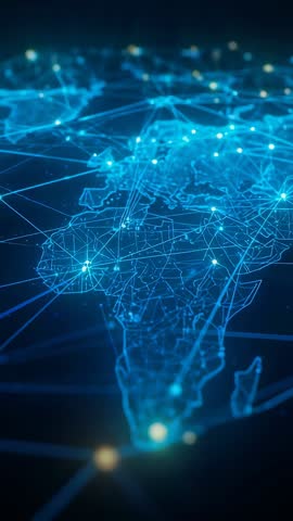 Vertical network animation focusing on wireframe Africa with pulsing southern node links