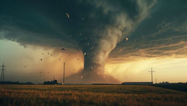 Destructive Tornado in Wheat Field with Dark Skies