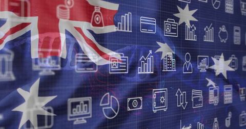 Australian flag overlaying technology interface with finance icons