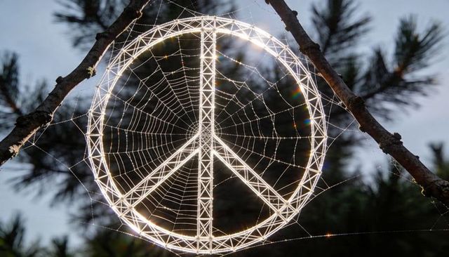 Sunlit peace symbol spider web in pine branches, dewdrops glinting on silk lattice