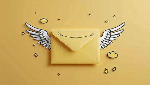 Whimsical floating envelope with wings on yellow background