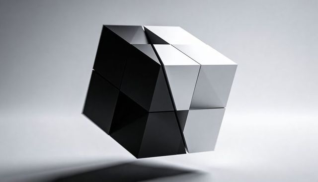 Floating monochrome composite cube hovering with diagonal seam and glossy faceted surfaces