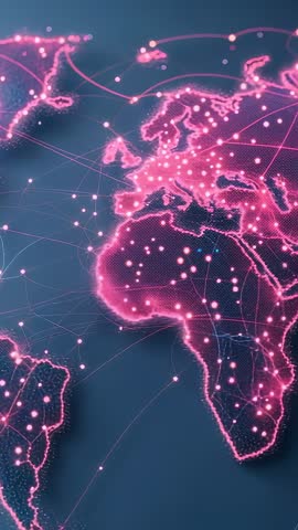 Vertical Tech Network Map Pulsing Data Nodes and Arcs Across Europe and Africa