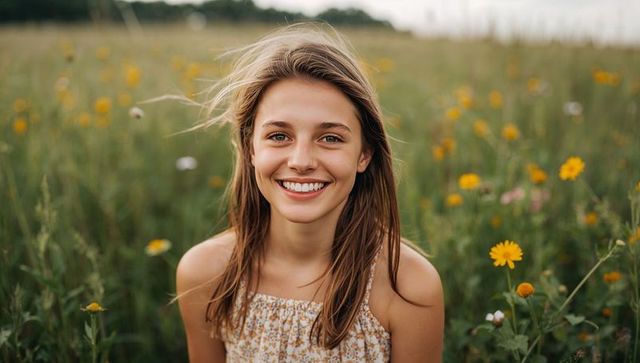 Smiling young woman standing in wildflower meadow wearing summer floral dress natural glow