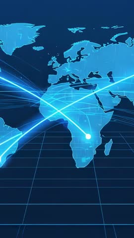Vertical tech video showing neon data streams linking African nodes on glowing global map