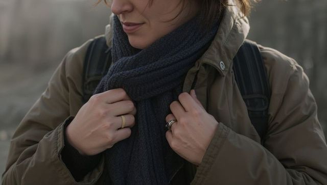Adjusting scarf and parka collar while wearing backpack and rings outdoors in winter