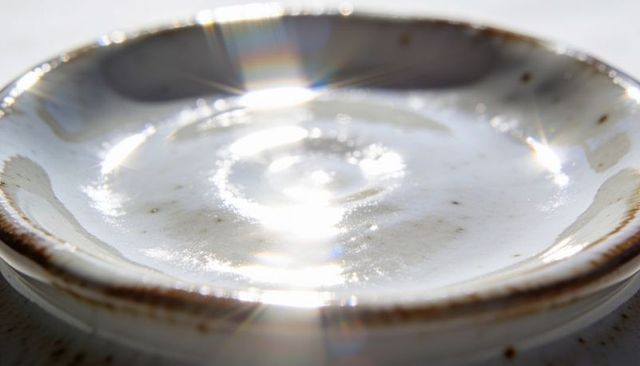 Glazed white ceramic saucer with speckled brown rim and radiant sunflare highlights