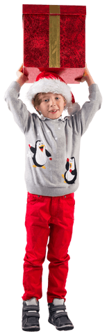 Excited Boy Lifts Big Red Gift Box for Christmas Fun