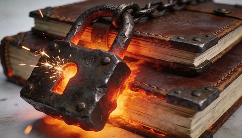 Sealing secrets: glowing iron padlock sparking on leather-bound journals