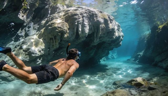 Snorkeler exploring turquoise underwater cave with sunlit rock formations and caustics