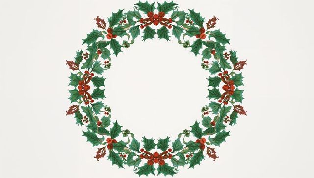Christmas holly wreath circle with red berries and green leaves on cream background