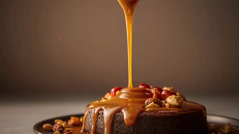 Pouring Caramel Over Chocolate Cake With Berries and Nuts | Slow Motion Dessert Drizzle