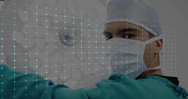 Male surgeon wears mask in operating room with virtual grid graphic overlay, illustrating advanced healthcare technology integration. Useful for healthcare promotions, medical technology adverts, or educational content on surgical procedures and innovations.