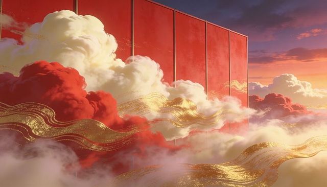 Rising red panel above golden ribbon clouds at sunset creating dreamlike surreal horizon