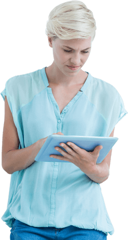 Focused Caucasian Woman Engaging with Tablet on Transparent Background - Download Free Stock Videos Pikwizard.com