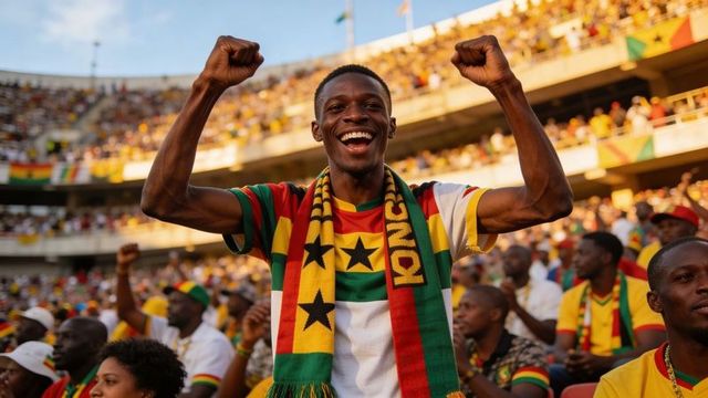 Ghana supporter cheering and raising fists in packed stadium during golden hour
