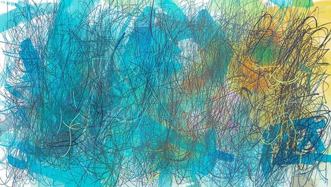 Dynamic abstract composition with layered blue and yellow scribbles