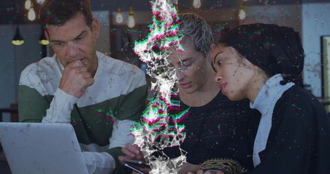 Collaborating on smartphone and laptop with digital network glitch in cafe