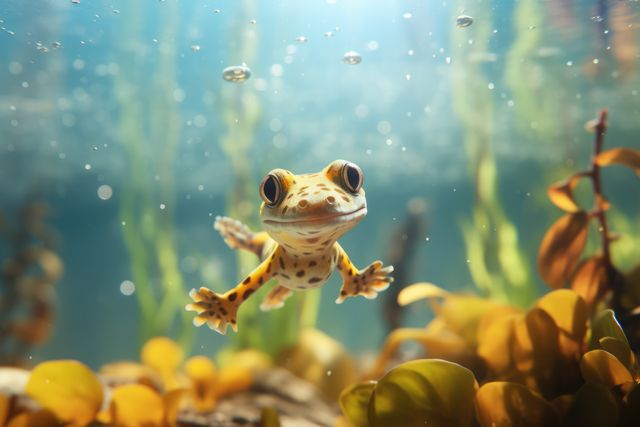 Close up of cute gecko swimming underwater, created using generative ai technology. Wildlife and beauty and nature concept digitally generated image.